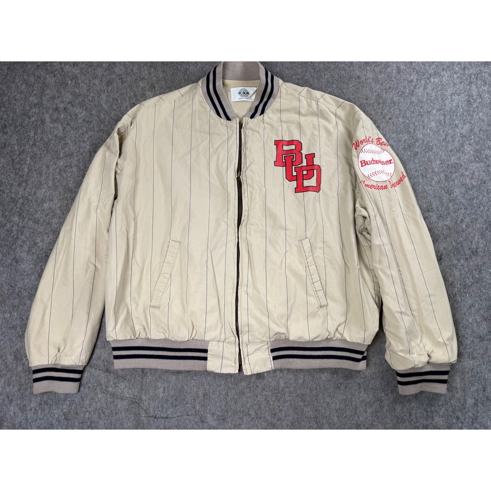 Budweiser Bomber Jacket Mens Large Tan Cotton Pinstripe Vintage Baseball USA